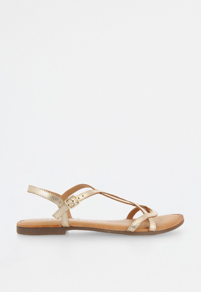 Sandalia plana dorada de piel con tiras finas y cierre de hebilla | Diseño atemporal y cómodo de Gioseppo lamim