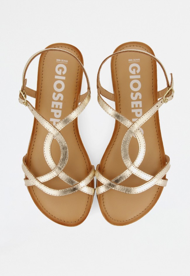 Sandalia plana dorada de piel con tiras finas y cierre de hebilla | Diseño atemporal y cómodo de Gioseppo lamim