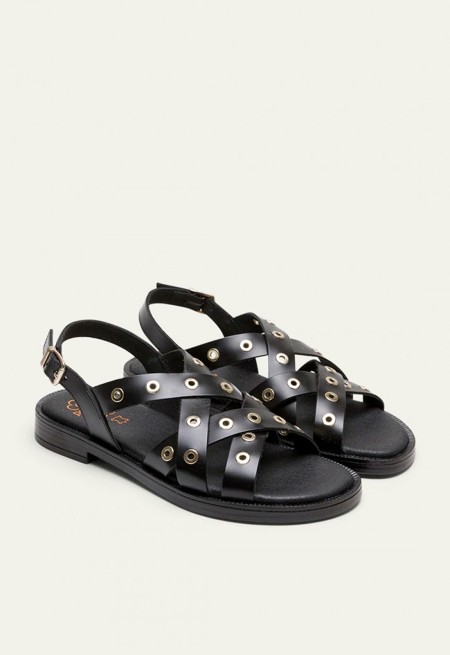 ANDALIA PLANA DE PIEL CON TACHUELAS NEGRO Porronet MÓNICA 3125
