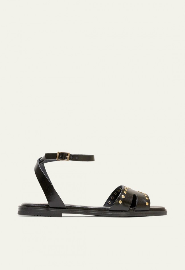 SANDALIA PLANA DE PIEL CON TACHUELAS NEGRO Porronet VIKA 3116