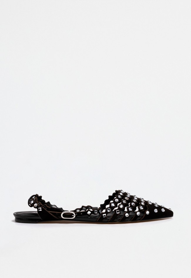 Zapato plano destalonado de mujer en piel negra con tiras de brillo – elegancia luminosa y frescura | CARRANO 507077