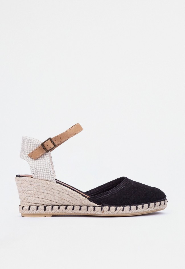 Alpargata de cuña en serraje negro con suela de yute y plantilla de piel | Hecha en España | VERBENAS MALENA