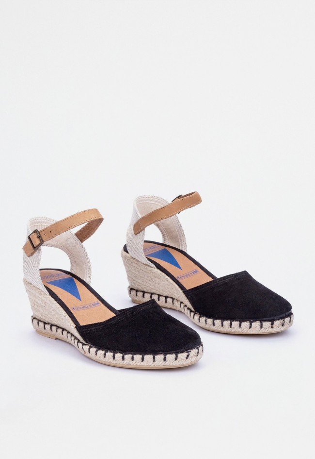 Alpargata de cuña en serraje negro con suela de yute y plantilla de piel | Hecha en España | VERBENAS MALENA