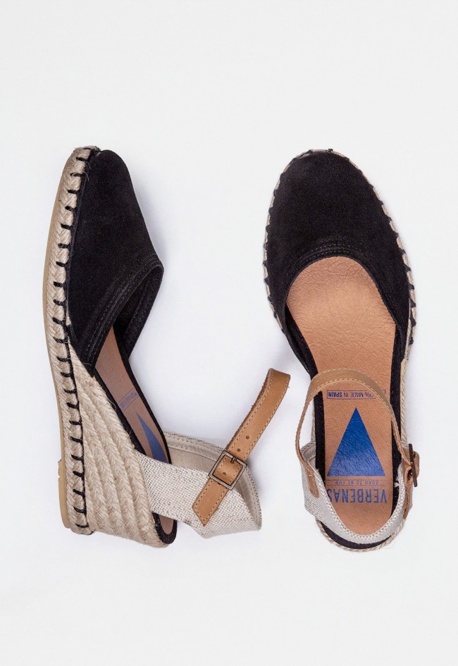 Alpargata de cuña en serraje negro con suela de yute y plantilla de piel | Hecha en España | VERBENAS MALENA