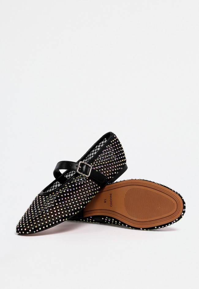 Bailarina negra de rejilla para mujer con abalorios, tira cruzada y cierre de hebilla – delicadeza con carácter VAS c11029