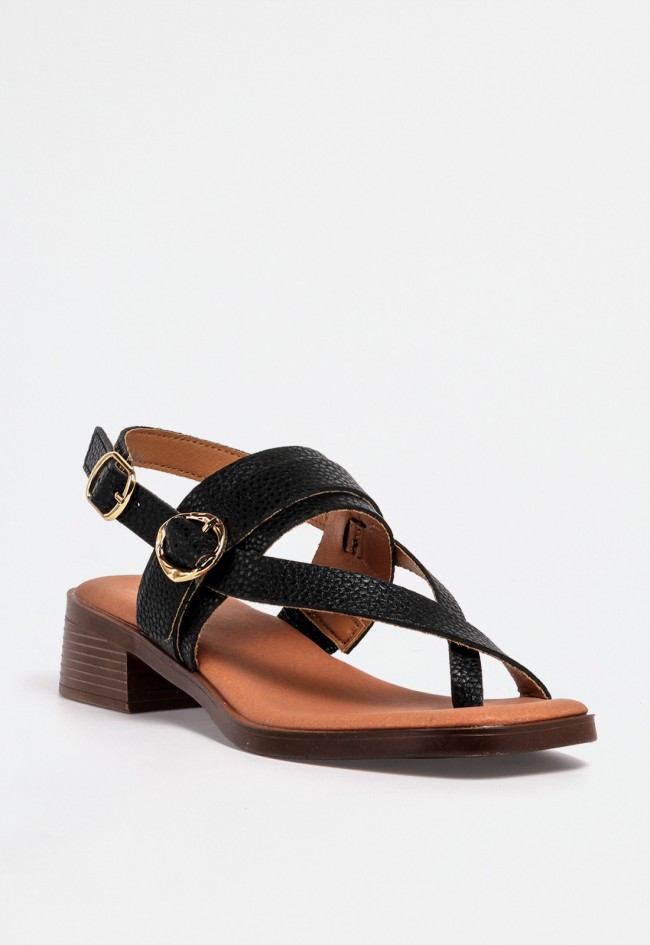 Sandalia negra de piel mujer con tacón medio, tiras cruzadas y doble hebilla dorada – diseño sofisticado y cómodo VAS binka