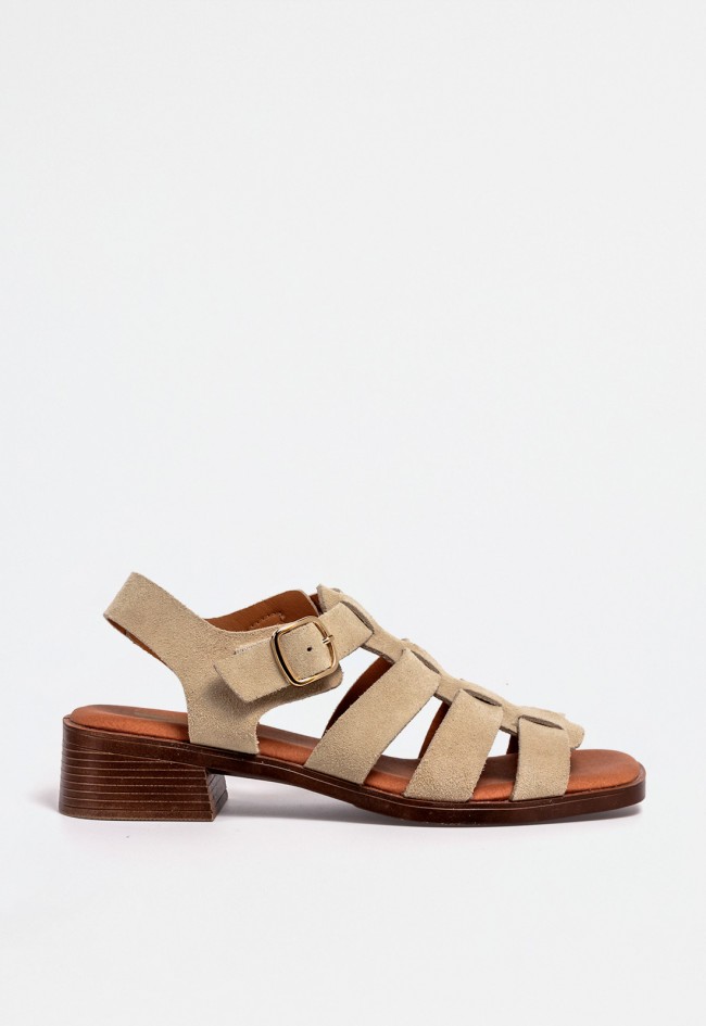 Sandalia cangrejera de serraje para mujer con tacón medio, hebilla dorada y punta redonda – estilo clásico renovado VAS binka 02