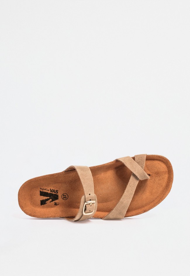 Sandalia bio mujer piel color tostado con diseño de dedo y hebilla – estilo natural con máxima sujeción VAS 3572