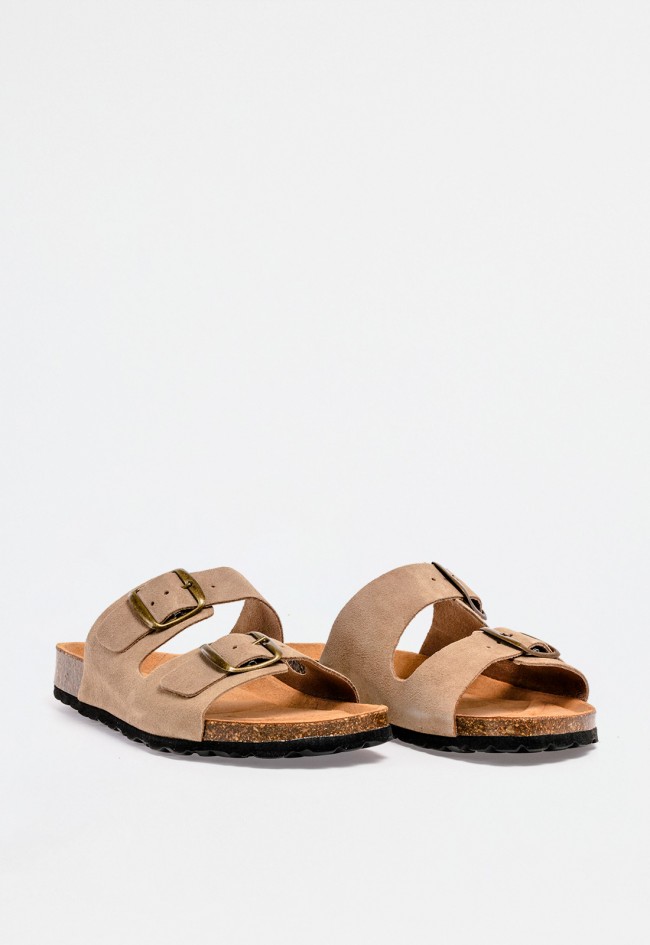 Sandalia bio de hombre en piel color tostado con doble correa y hebillas doradas – confort clásico y funcional VAS 3195