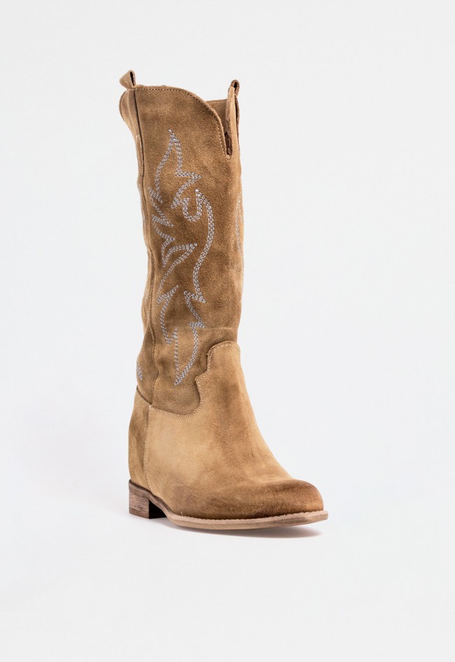 Bota cowboy de mujer con bordados laterales y puntera redonda – estilo western renovado taupe GLO tora