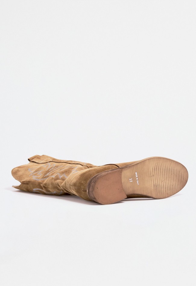 Bota cowboy de mujer con bordados laterales y puntera redonda – estilo western renovado taupe GLO tora