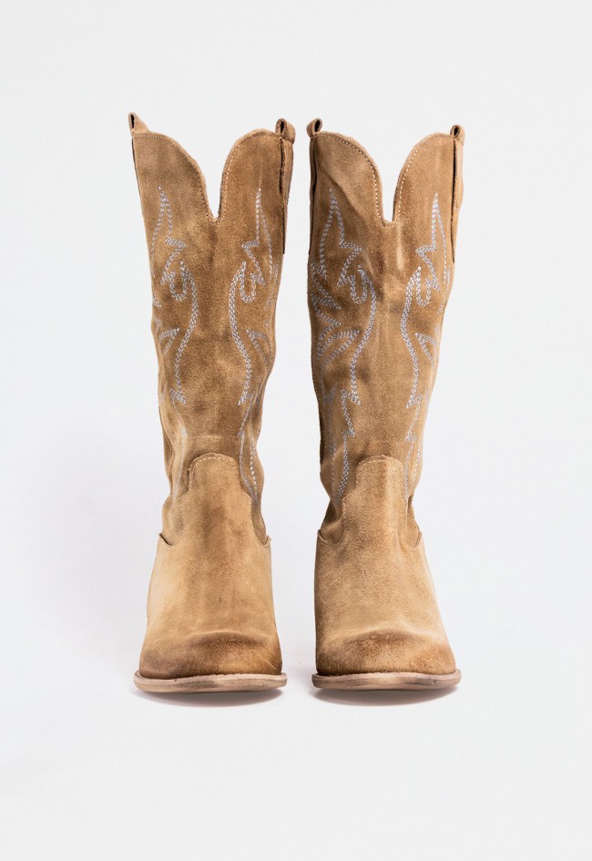 Bota cowboy de mujer con bordados laterales y puntera redonda – estilo western renovado taupe GLO tora