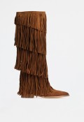 Bota cowboy alta de mujer en piel color cuero con flecos – estilo western con alma bohemia Chini Equipe manuel