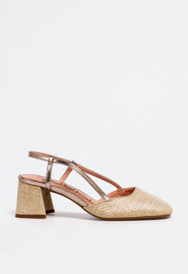 Zapato destalonado de tacón ancho trenzado dorado de mujer en piel sintética – elegancia luminosa Noghi tatin 04