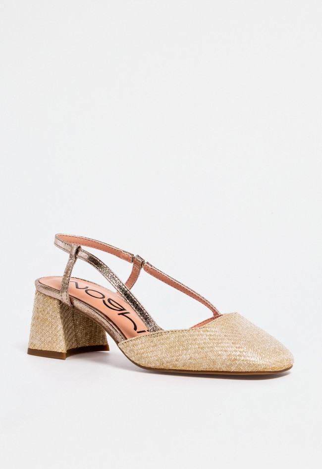 Zapato destalonado de tacón ancho trenzado dorado de mujer en piel sintética – elegancia luminosa Noghi tatin 04