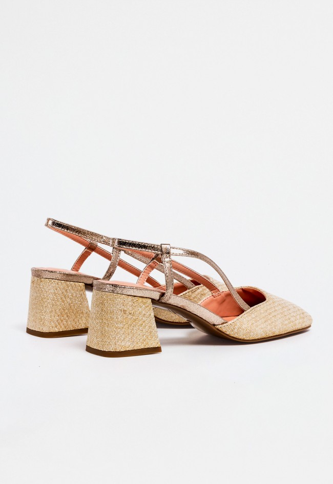Zapato destalonado de tacón ancho trenzado dorado de mujer en piel sintética – elegancia luminosa Noghi tatin 04