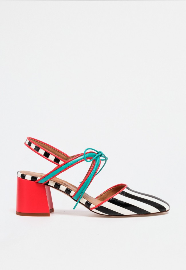 Zapato mujer rojo destalonado de piel con tacón ancho y cordones – diseño trendy con estampado a rayas Glo Rina