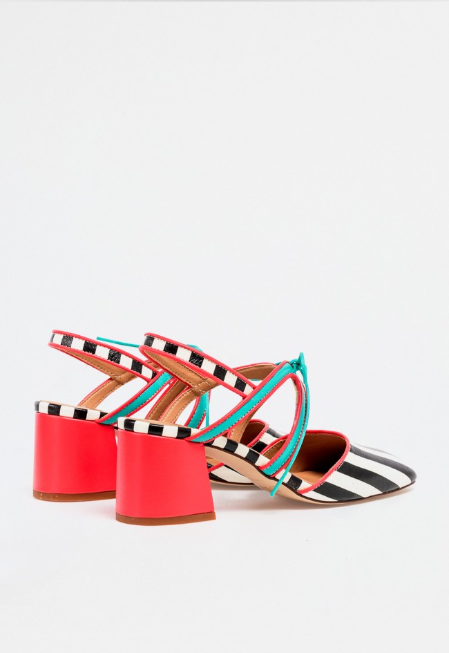 Zapato mujer rojo destalonado de piel con tacón ancho y cordones – diseño trendy con estampado a rayas Glo Rina