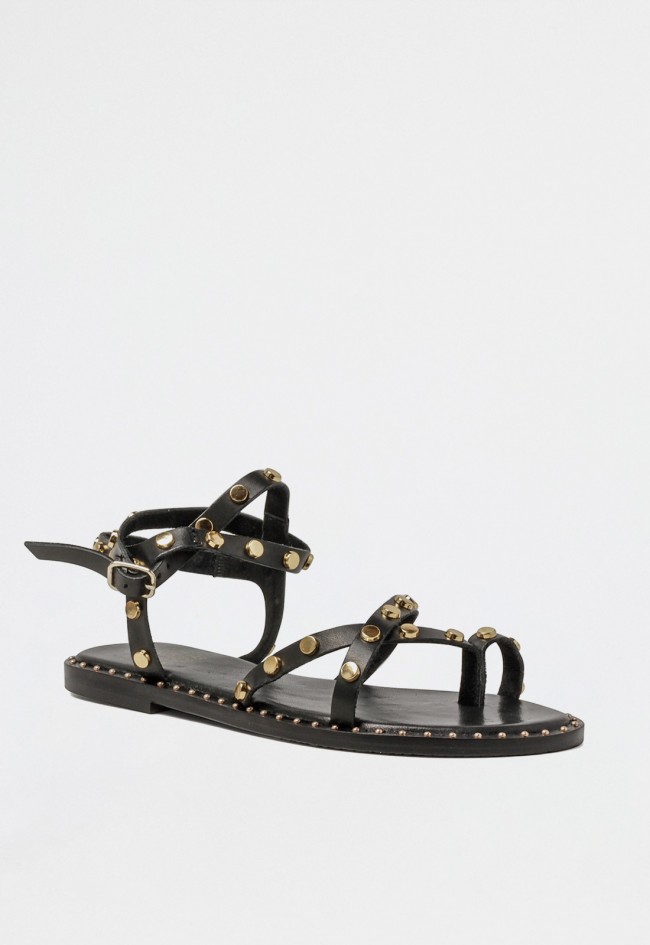 Sandalia mujer negra de piel con tiras y abalorios metálicos dorados – diseño trendy con cierre de hebilla VAS rsp-9346