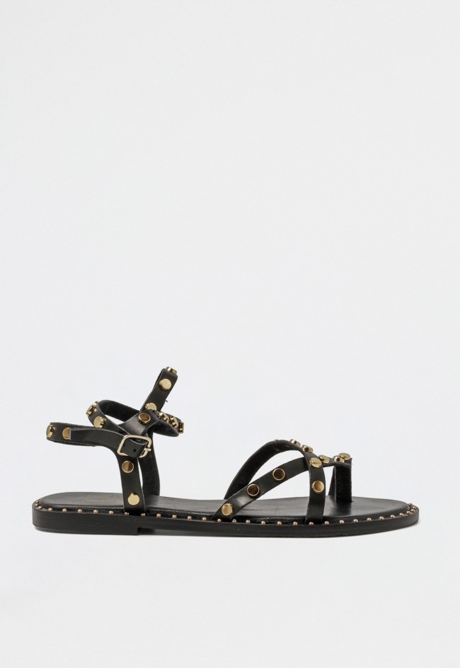 Sandalia mujer negra de piel con tiras y abalorios metálicos dorados – diseño trendy con cierre de hebilla VAS rsp-9346