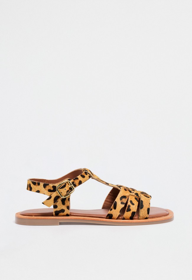 Sandalia plana de piel estampado leopardo para mujer con diseño de tiras y hebilla dorada VAS rsp-10807