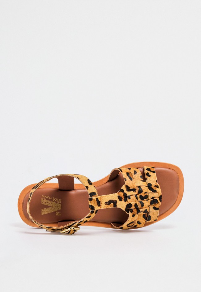 Sandalia plana de piel estampado leopardo para mujer con diseño de tiras y hebilla dorada VAS rsp-10807