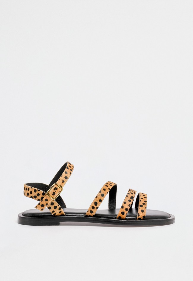 Sandalia pony plana de mujer de piel y lunares tipo animal print con tiras finas y cierre ajustable al tobillo VAS rsp-11069