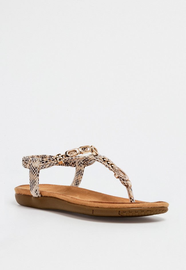 Sandalia plana de mujer tipo esclava con tiras efecto serpiente y plantilla ergonómica beige VAS 60-629