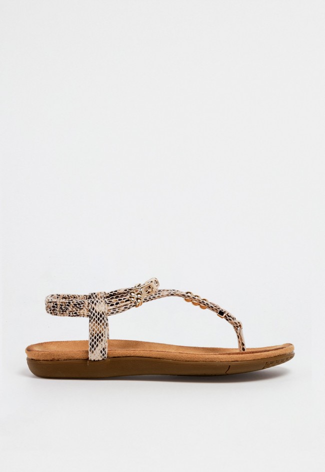 Sandalia plana de mujer tipo esclava con tiras efecto serpiente y plantilla ergonómica beige VAS 60-629