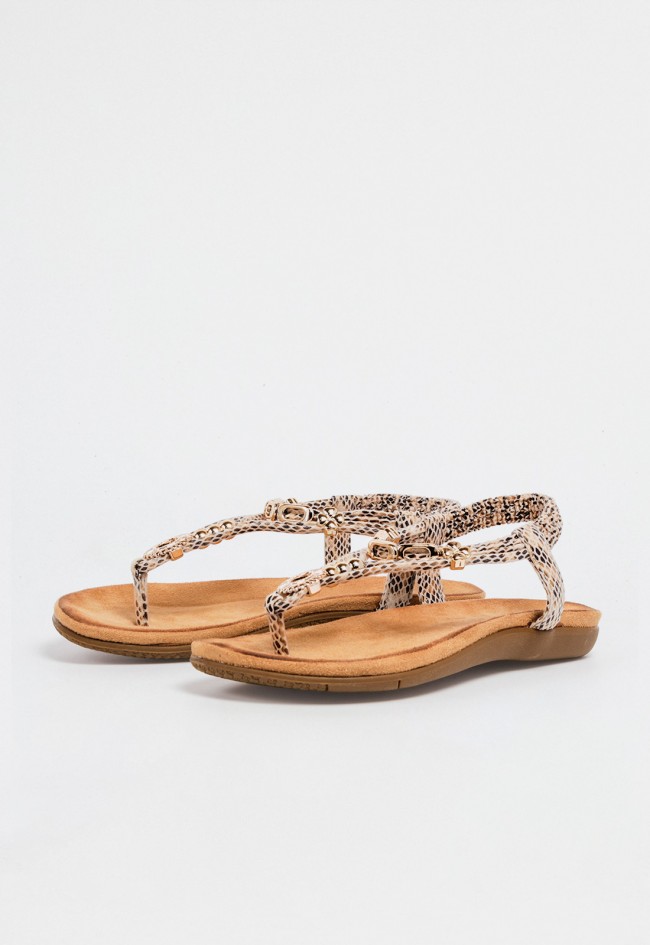 Sandalia plana de mujer tipo esclava con tiras efecto serpiente y plantilla ergonómica beige VAS 60-629