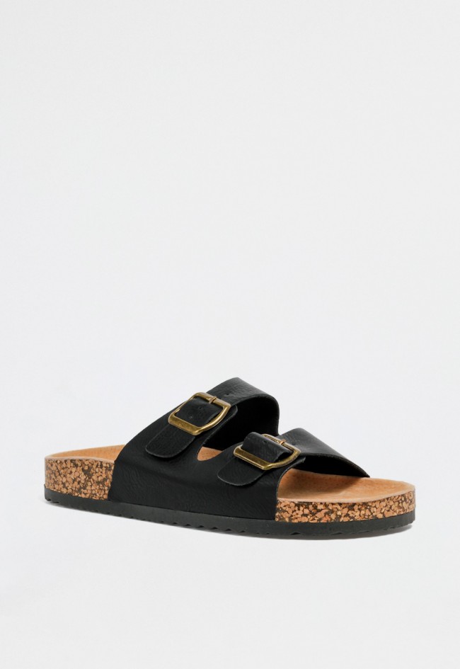 Sandalia bio negra de mujer con hebillas metálicas y suela corcho - estilo effortless y comfy chic VAS 27-2003