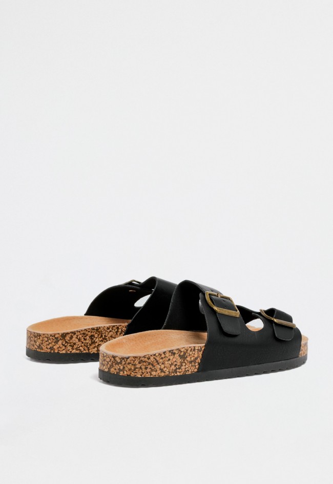 Sandalia bio negra de mujer con hebillas metálicas y suela corcho - estilo effortless y comfy chic VAS 27-2003