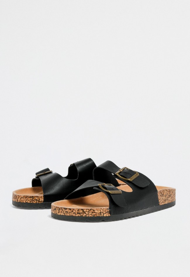 Sandalia bio negra de mujer con hebillas metálicas y suela corcho - estilo effortless y comfy chic VAS 27-2003