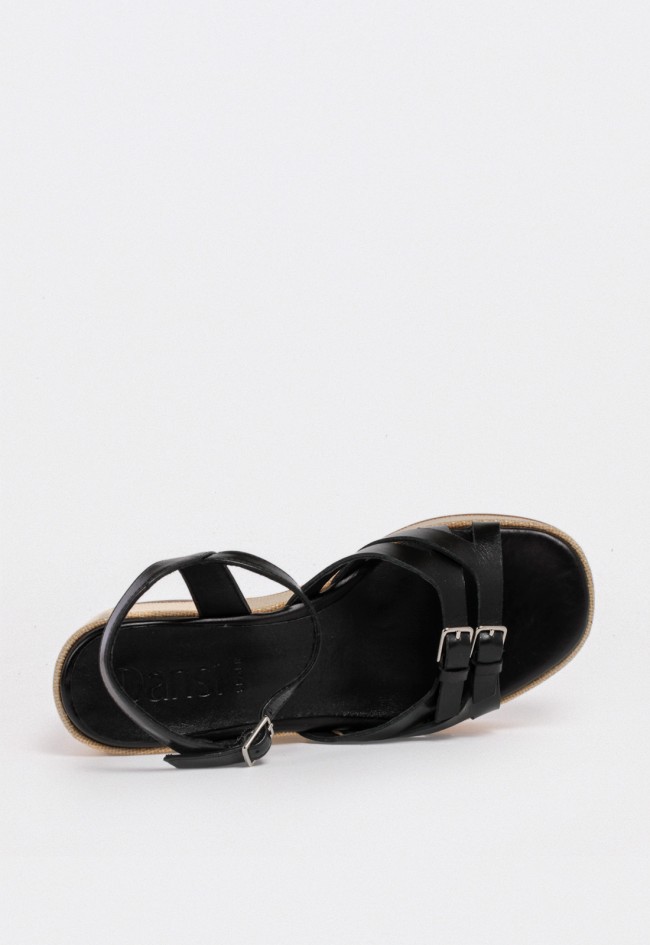 Sandalia de piel negra con cuña y plataforma efecto rafia — estilo y altura con comodidad Dansi 7556