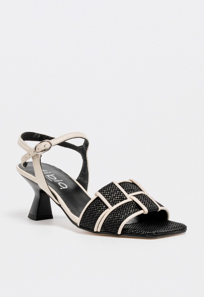 Sandalia de tacón medio en blanco y negro con tiras entrelazadas para mujer Dibia 14427