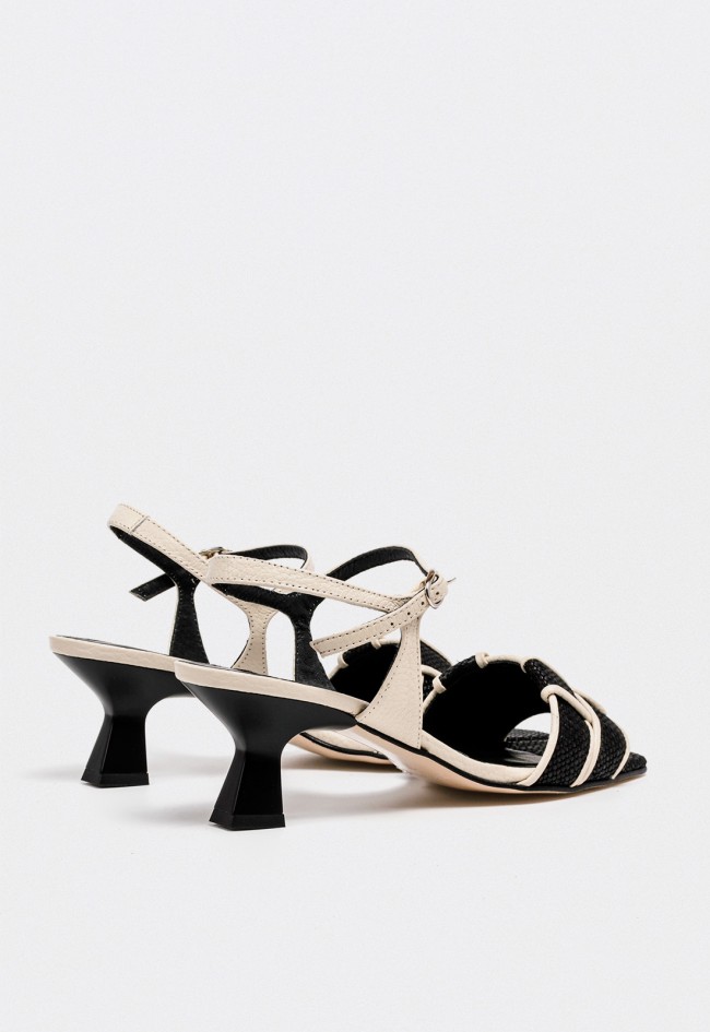 Sandalia de tacón medio en blanco y negro con tiras entrelazadas para mujer Dibia 14427