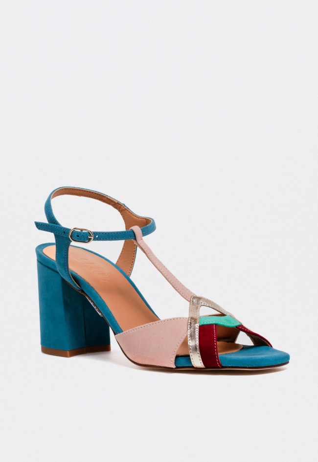 Sandalia de piel multicolor con tacón ancho y diseño T-bar para mujer Glo combi