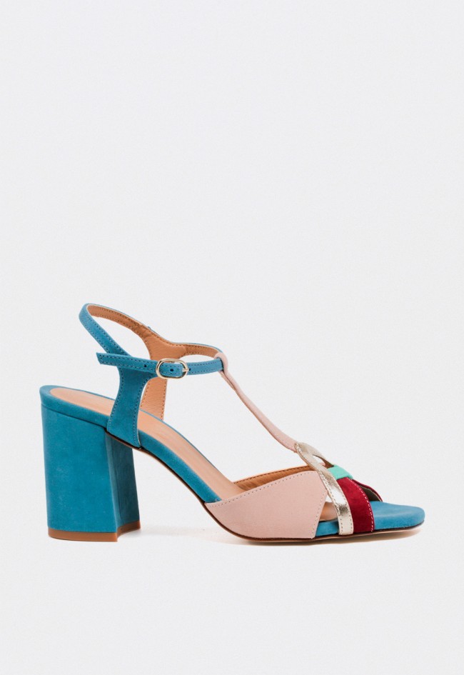 Sandalia de piel multicolor con tacón ancho y diseño T-bar para mujer Glo combi