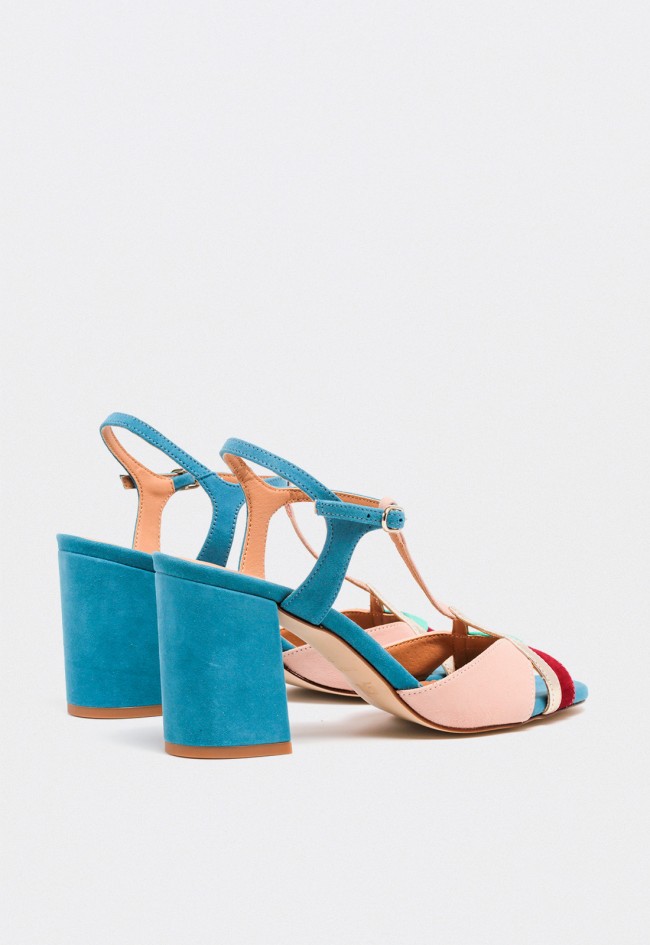 Sandalia de piel multicolor con tacón ancho y diseño T-bar para mujer Glo combi