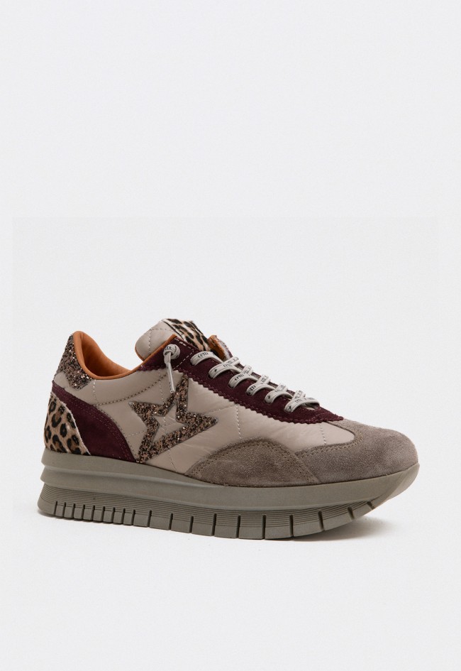 Zapatillas Cetti mujer beige y burdeos con plataforma y detalles animal print glitter Cetti c-1259 sra xl