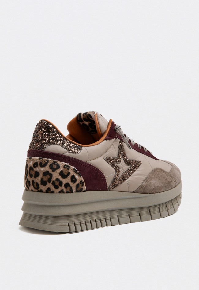 Zapatillas Cetti mujer beige y burdeos con plataforma y detalles animal print glitter Cetti c-1259 sra xl