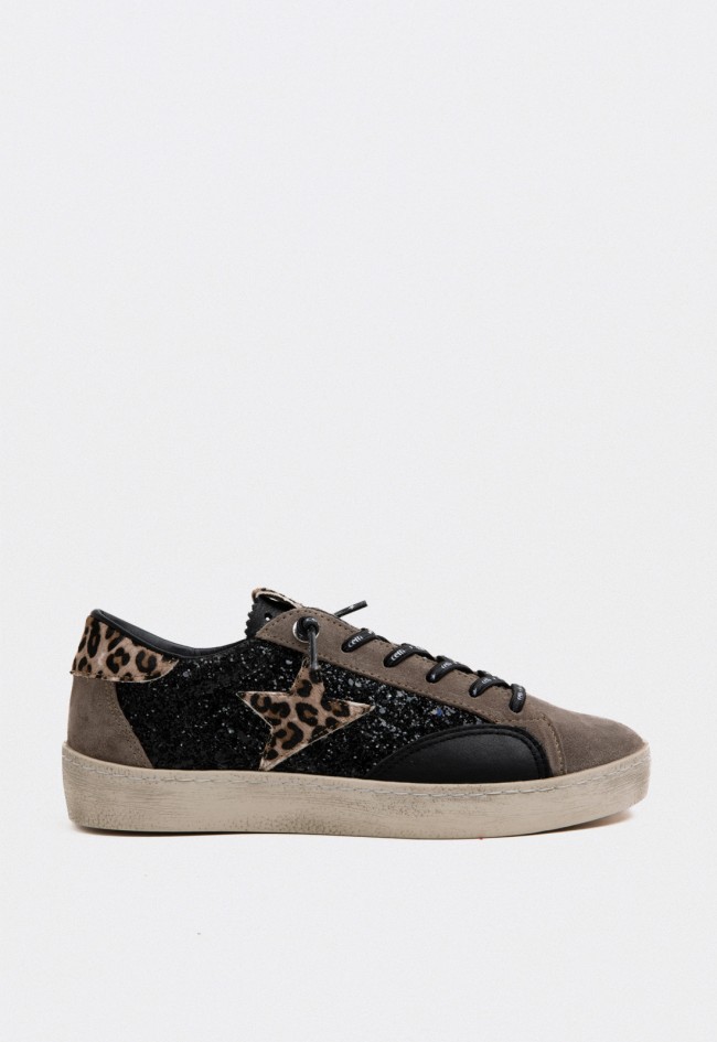 Zapatillas Cetti mujer con glitter negro y detalles animal print Cetti c-1342