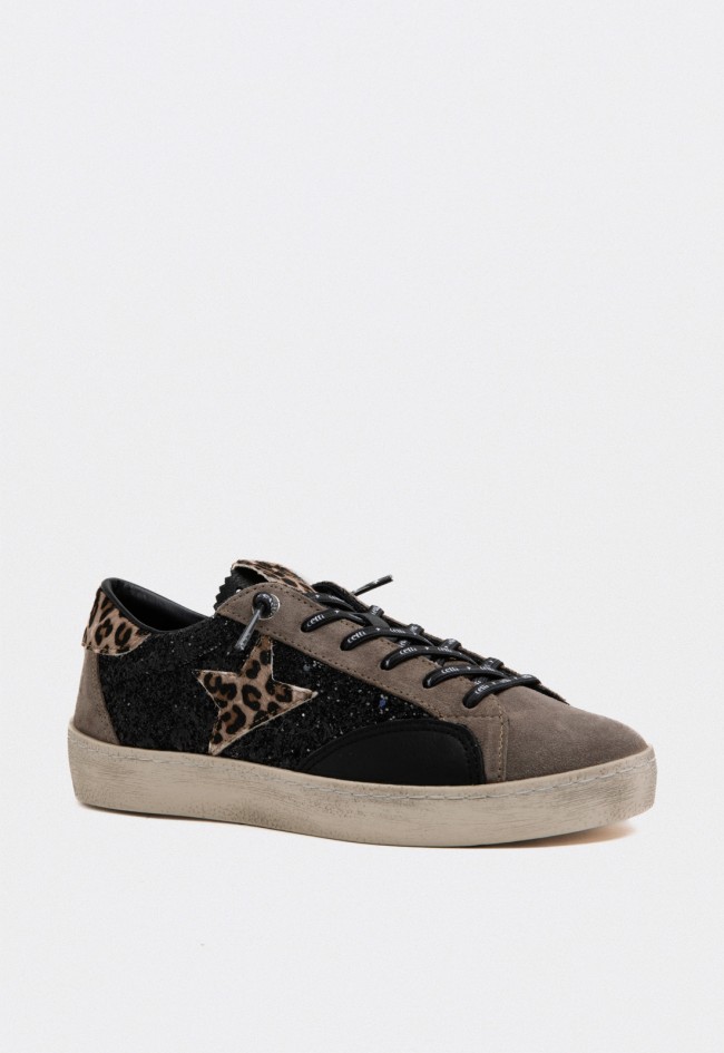Zapatillas Cetti mujer con glitter negro y detalles animal print Cetti c-1342