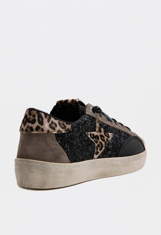 Zapatillas Cetti mujer con glitter negro y detalles animal print Cetti c-1342