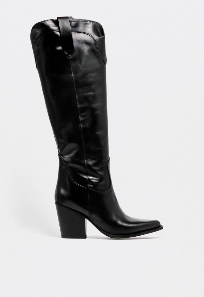 Bota cowboy alta de mujer en piel negra con tacón ancho – estilo western elegante GLO sexy
