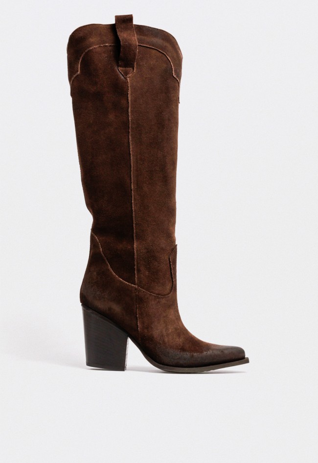 Bota cowboy alta de mujer en piel serraje marrón con tacón ancho – estilo western auténtico GLO sexy