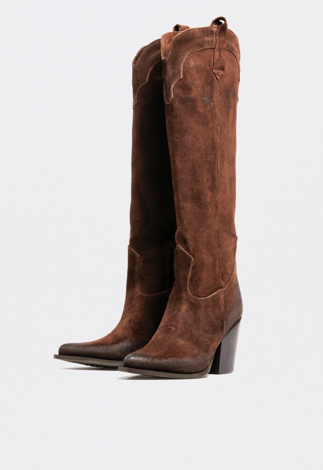 Bota cowboy alta de mujer en piel serraje marrón con tacón ancho – estilo western auténtico GLO sexy