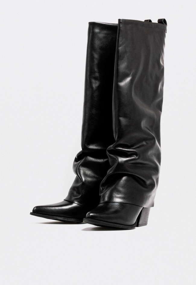 Bota cowboy alta de mujer en piel negra con polaina – estilo western contemporáneo GLO an30