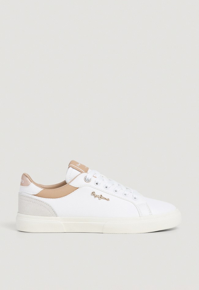 Zapatillas deportivas de mujer Pepe Jeans Kenton Court blancas con detalles en ante y logo metálico