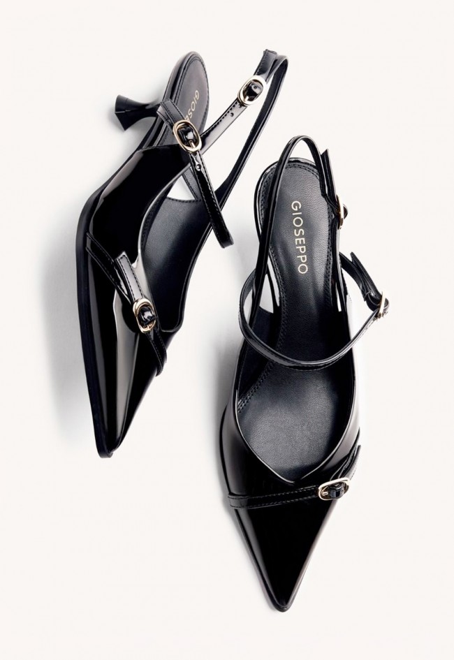 Zapatos destalonados de tacón Gioseppo Sabin efecto charol negro con hebillas elegantes